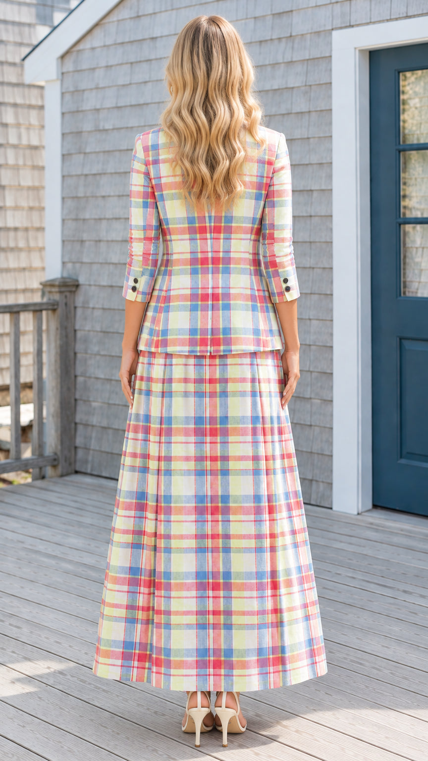 Back view of tailored pastel plaid blazer and pleated maxi skirt