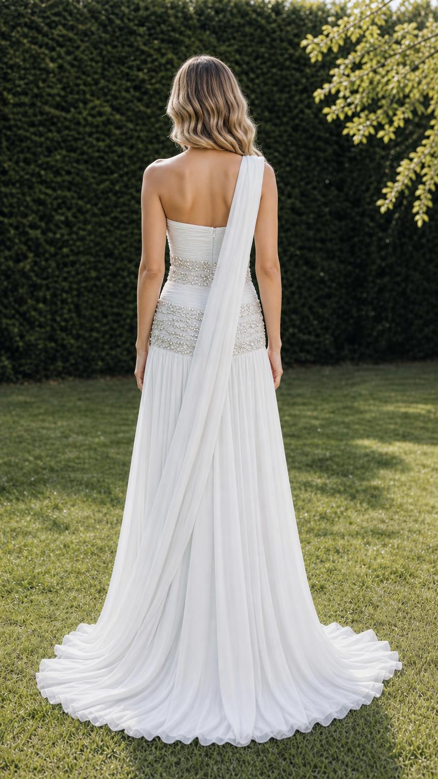 Back view of white formal gown with draped shoulder strap