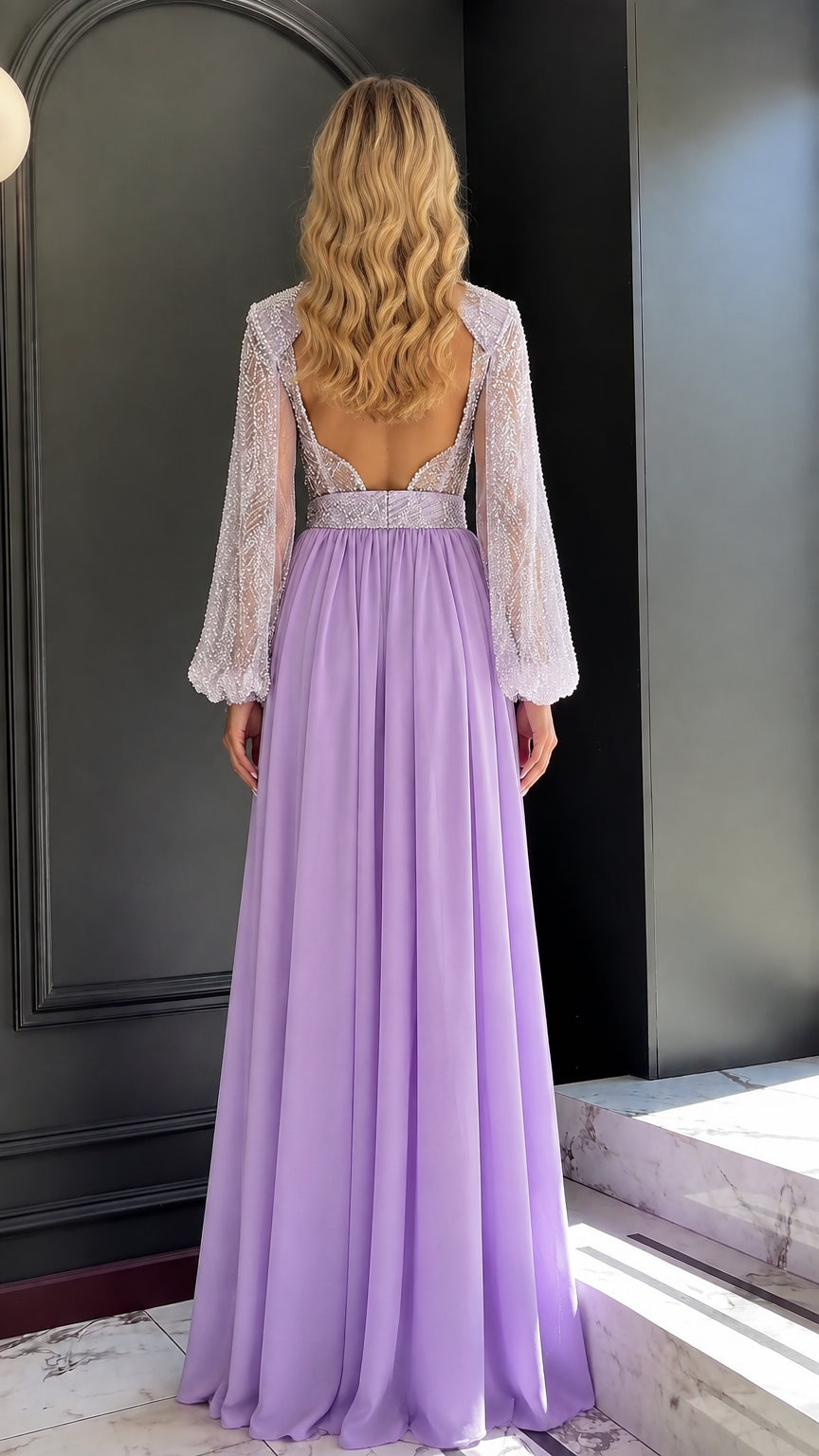 Model wearing lavender beaded evening gown open back view