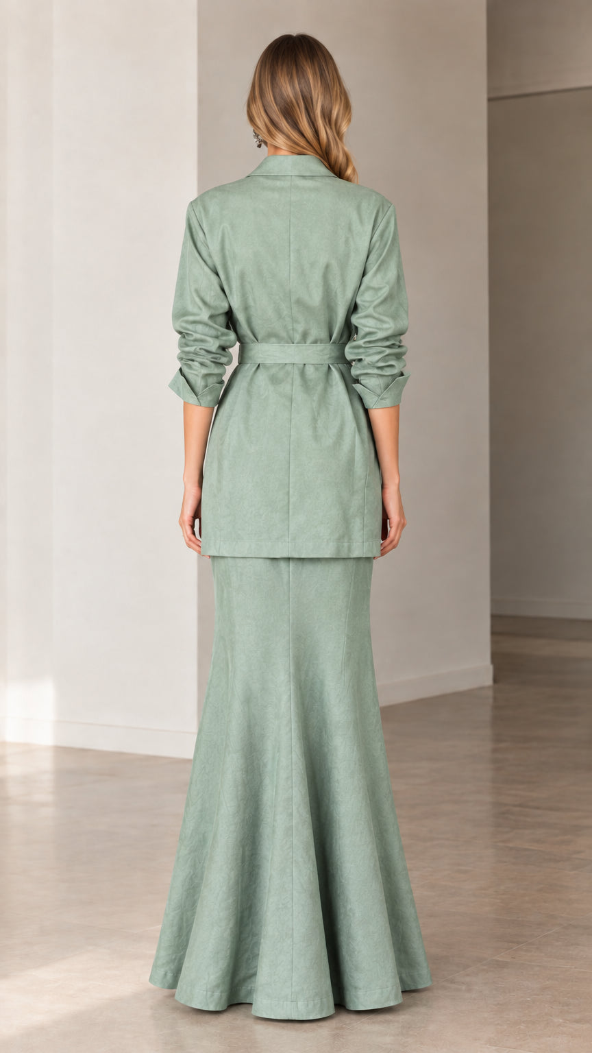 Back view of model in sage green belted blazer and trumpet maxi skirt