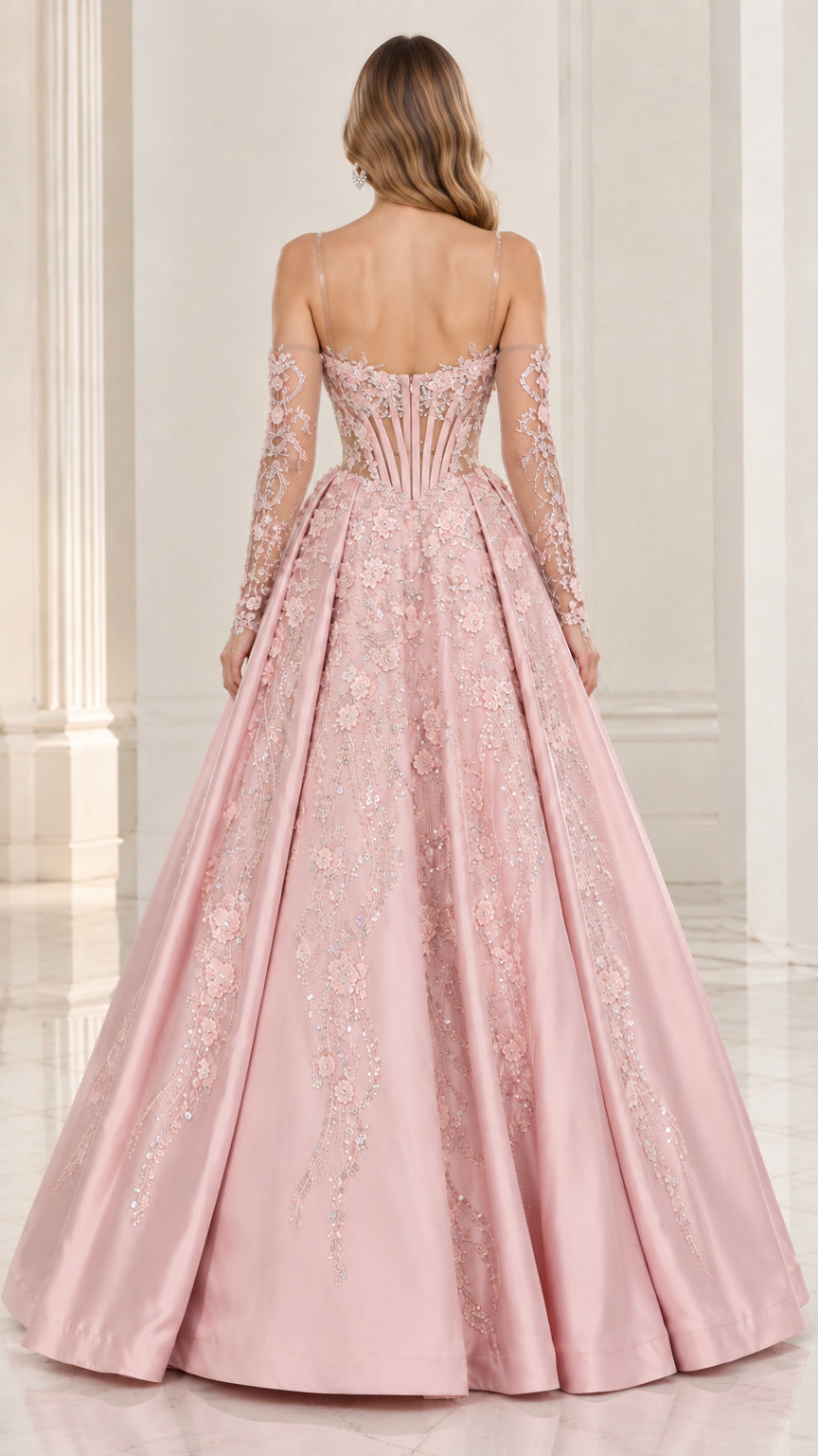 Back view of Blush Pink corset ball gown with sweeping skirt