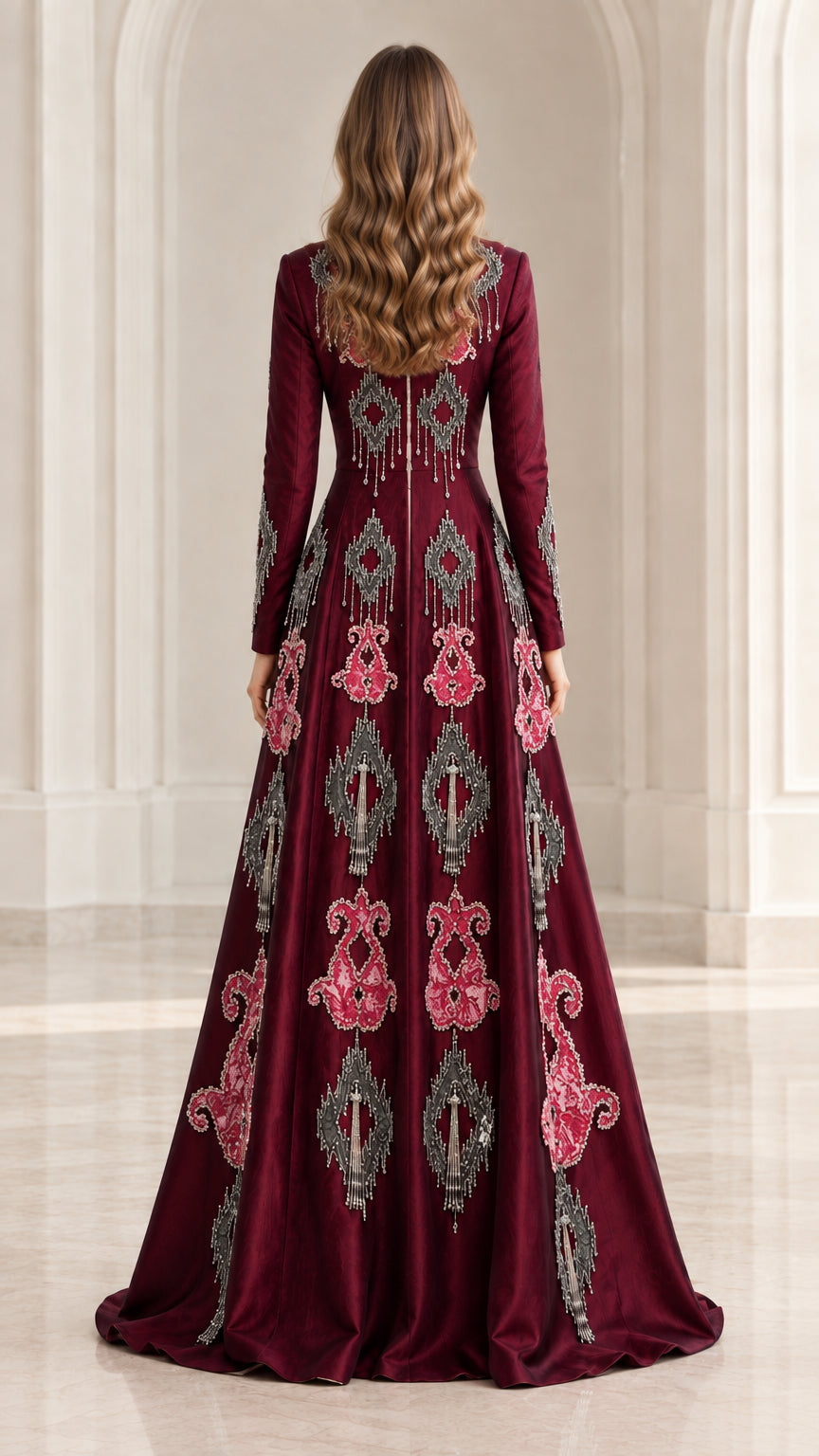Back view of woman wearing burgundy floor-length embroidered kaftan dress