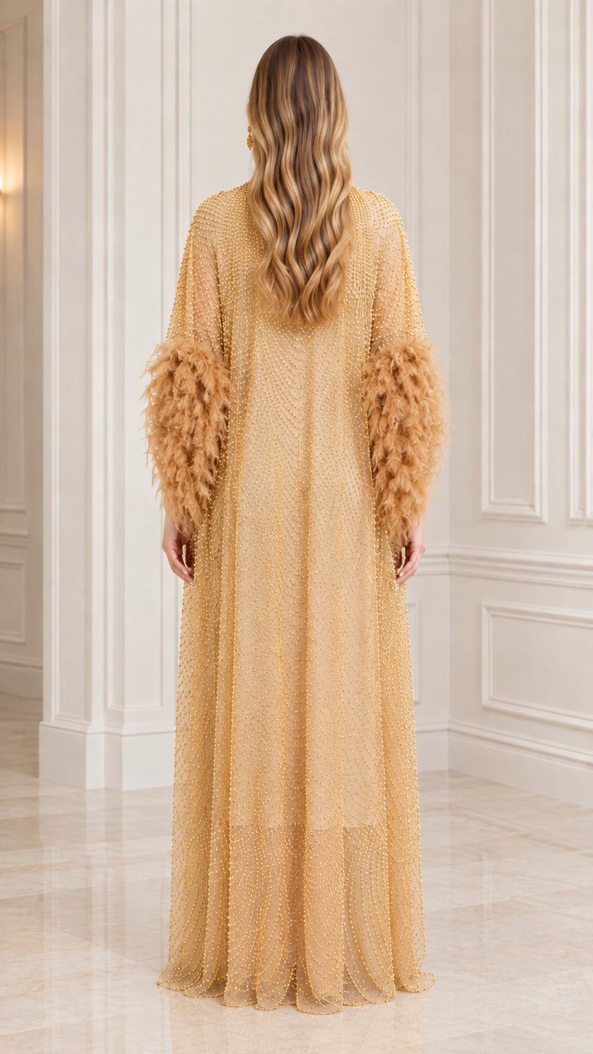 Back view of Champagne Gold floor-length feather-trimmed kaftan dress