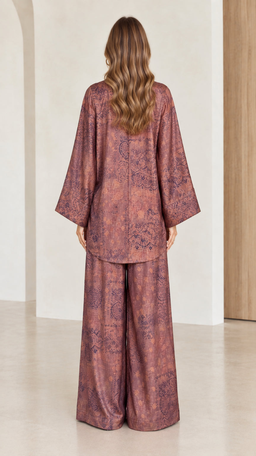 Back view of model wearing Dusty Mauve oriental style tunic and wide-leg trousers