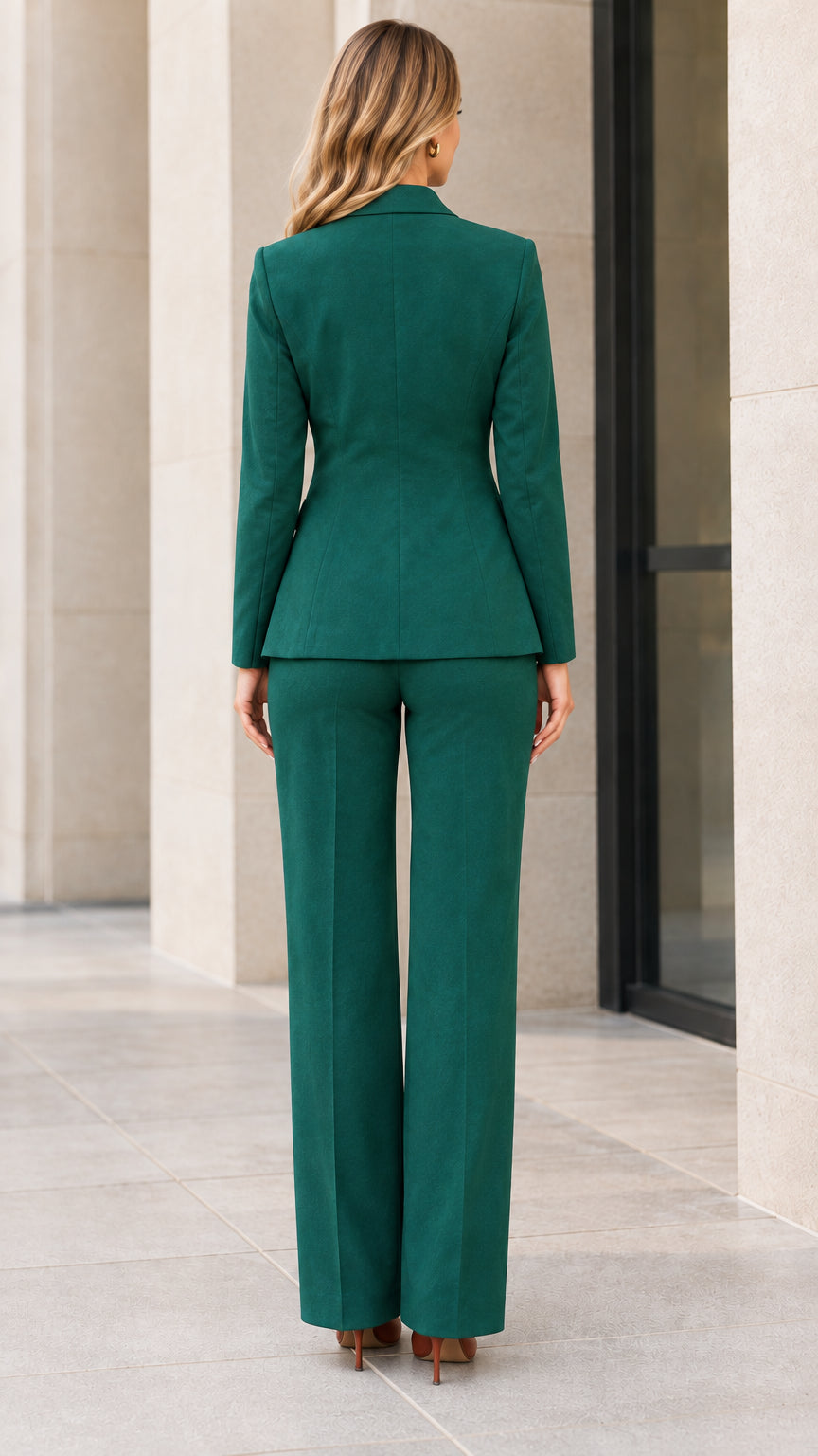 Back view of woman wearing tailored emerald green blazer and straight-leg trousers