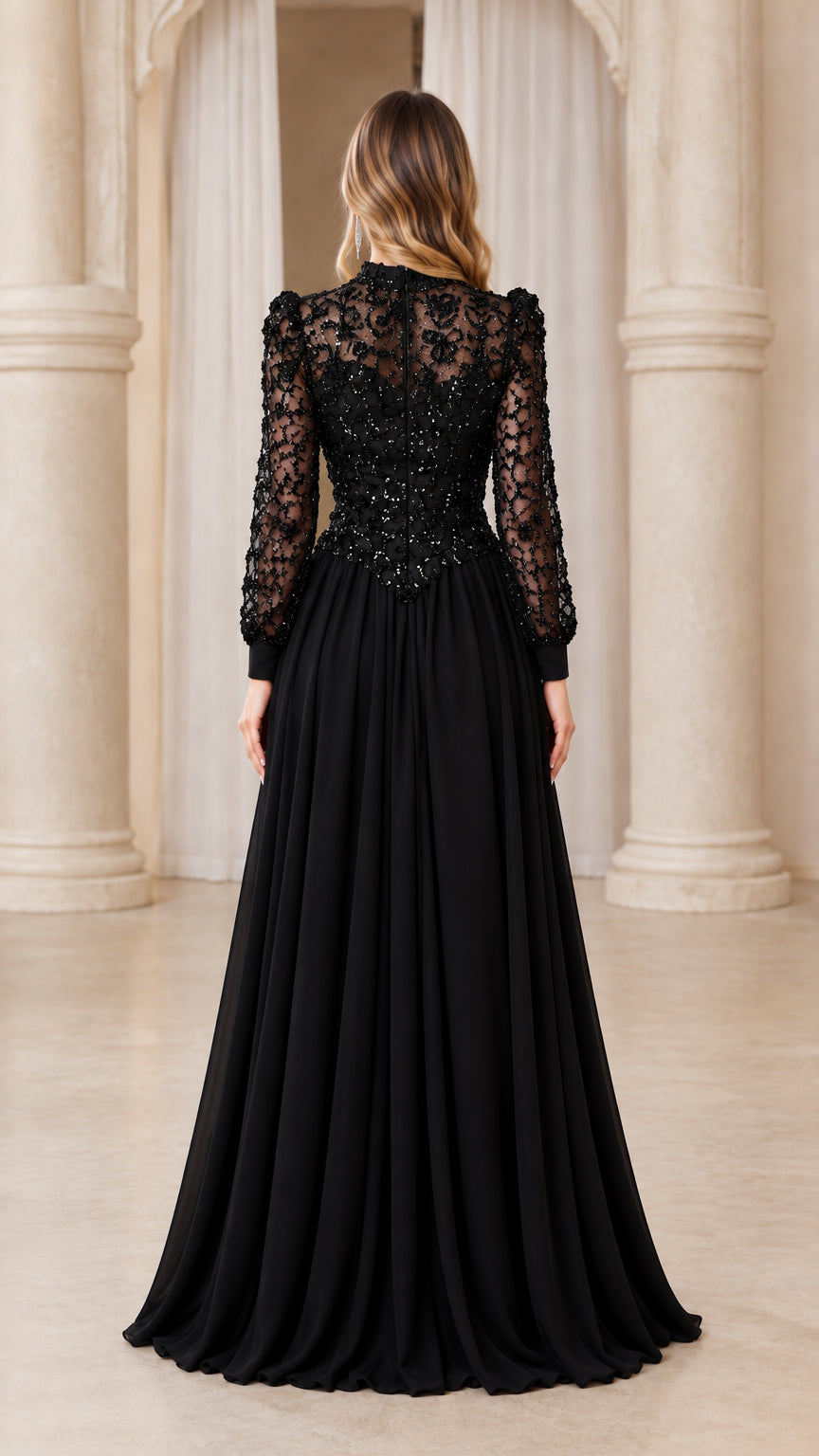 Back view of woman wearing black sheer beaded lace bodice maxi evening gown