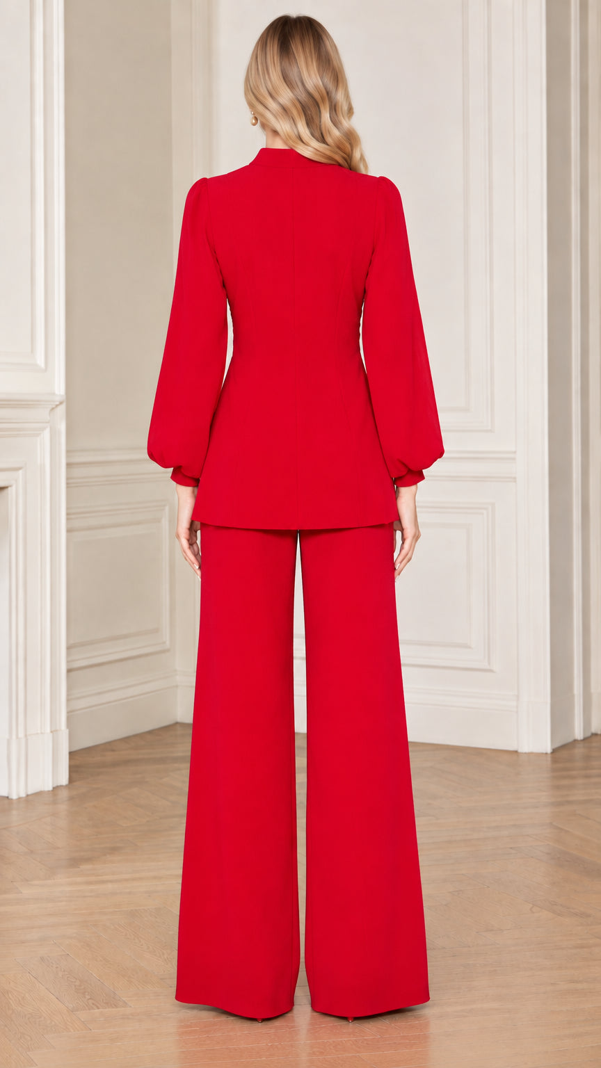 Red long sleeve tunic top and wide-leg trousers back view