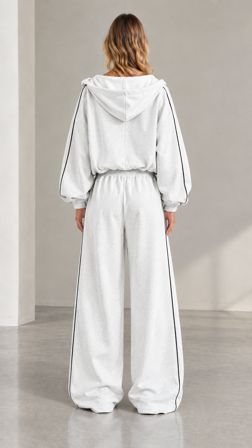 Back view of Heather Grey hooded jacket and wide-leg lounge pants