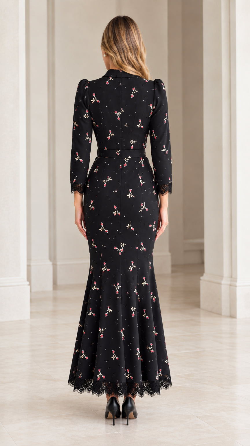 Back view of black floral trumpet maxi dress with concealed zipper and lace hem