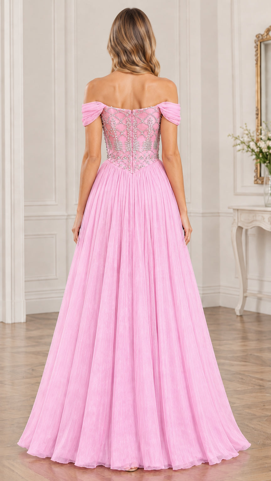 Back view of pink off-the-shoulder beaded maxi dress