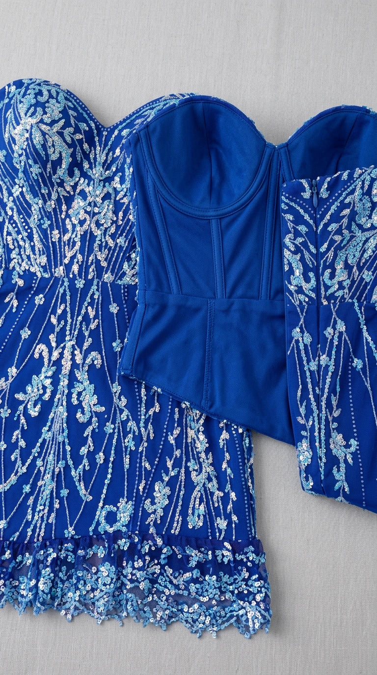 Close-up detail of royal blue dress showing interior corset cups and exterior sequin beading