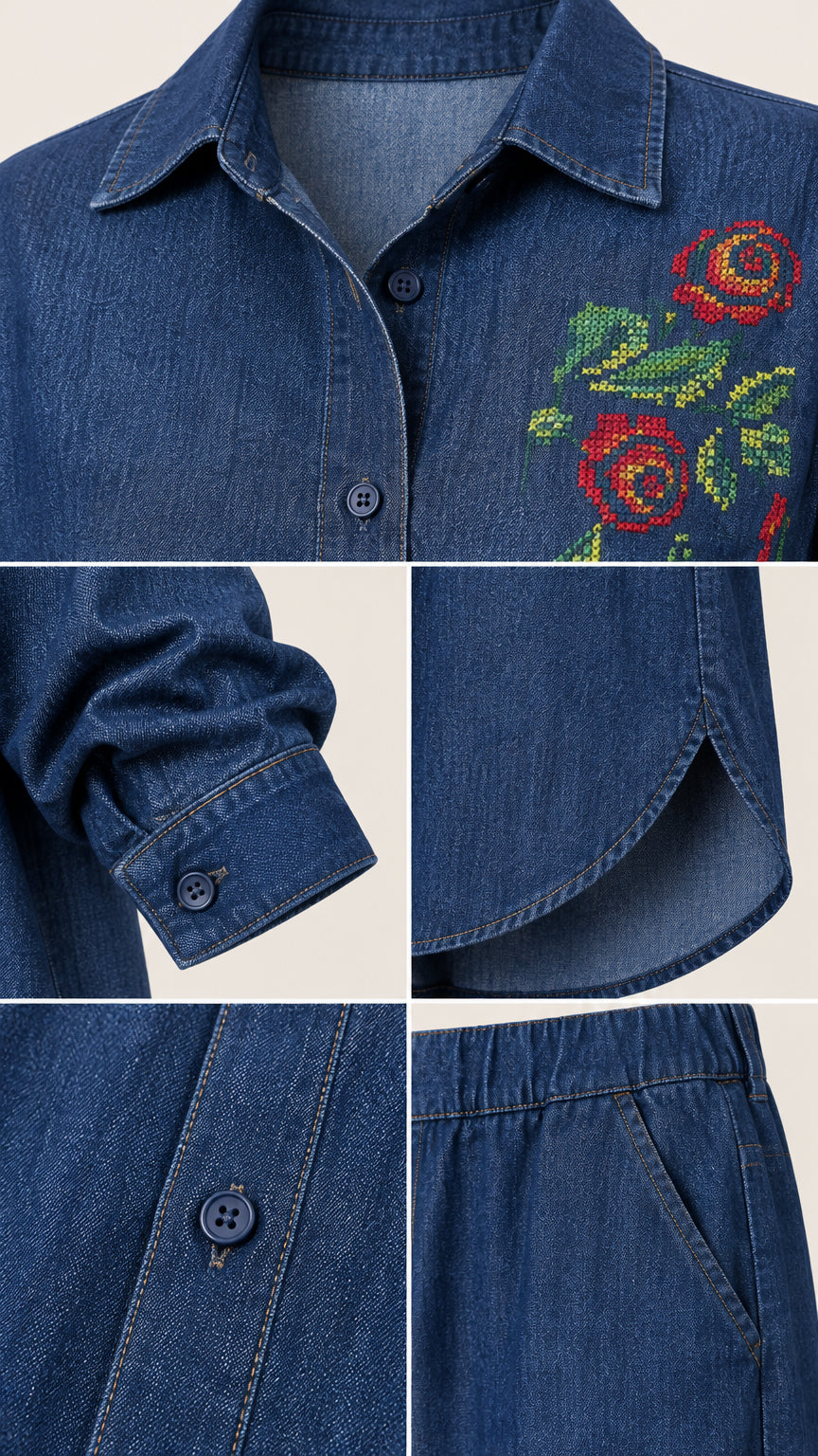 Close-up details of collar rose embroidery, cuff buttons, curved hem, and pant elastic waistband with pockets