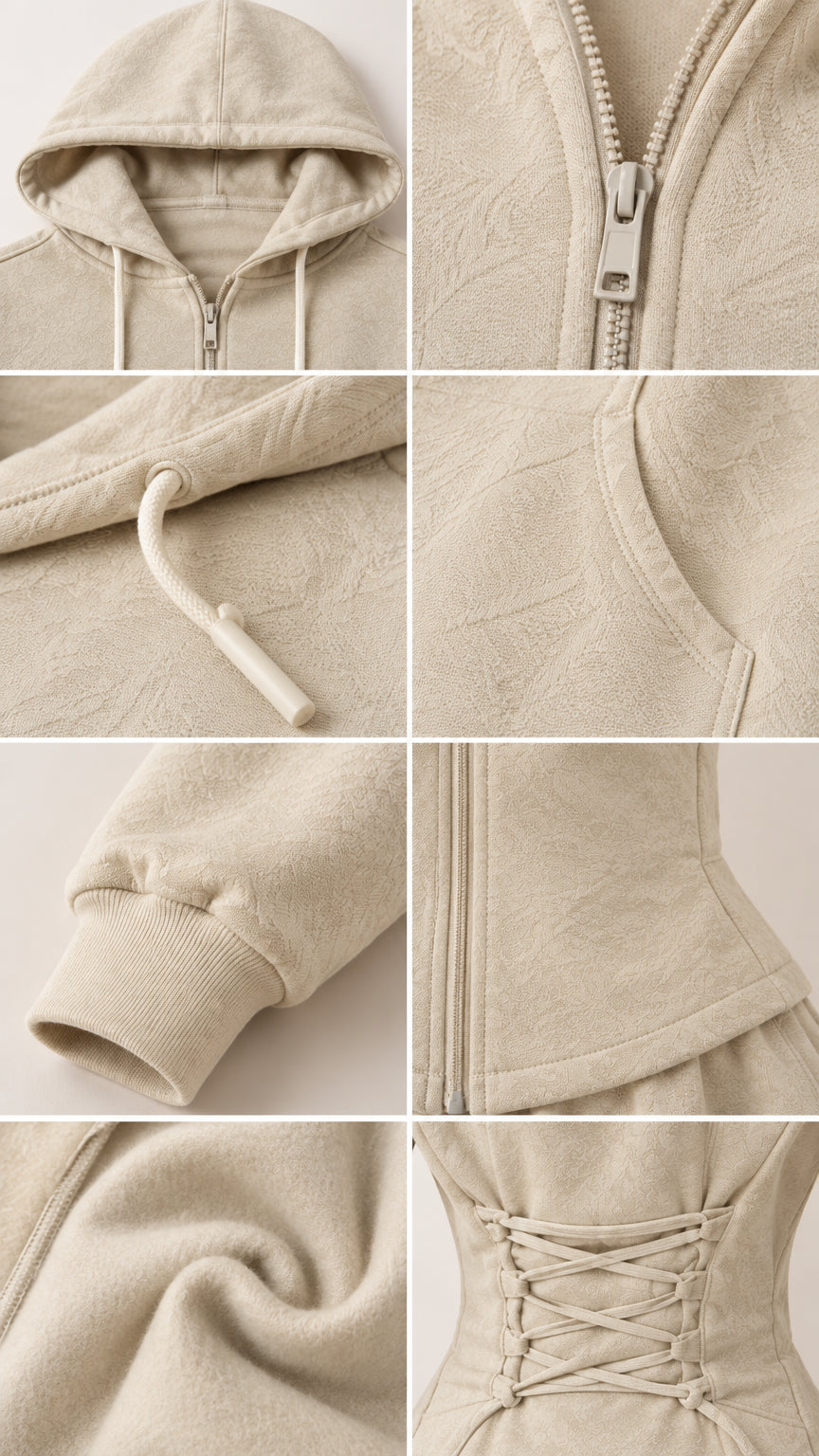 Close-up details of hoodie drawstring, zipper, textured fabric, and back corset laces