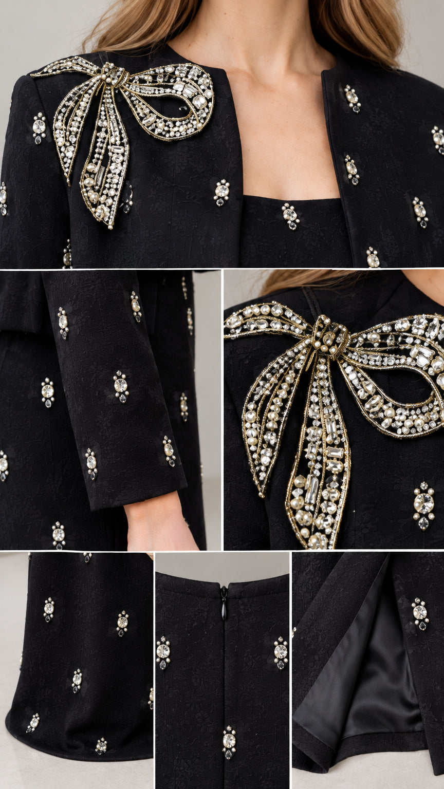 Close-up details of crystal bow shoulder accent, rhinestone motifs, sleeve cuffs, and zipper
