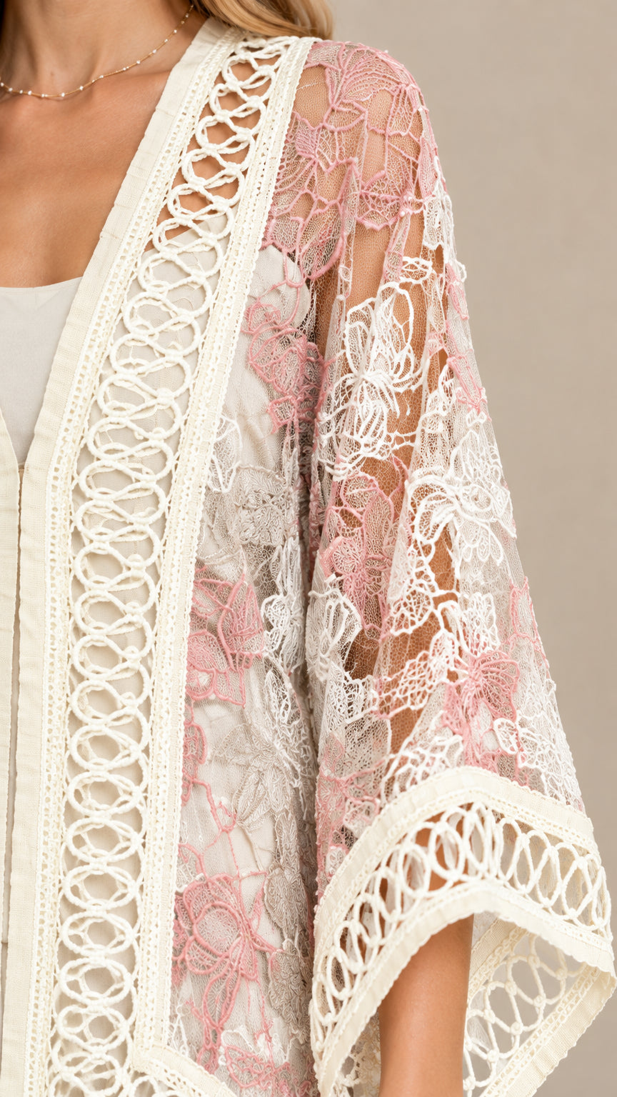 Close-up detail of blush pink floral lace texture and crochet trim neckline