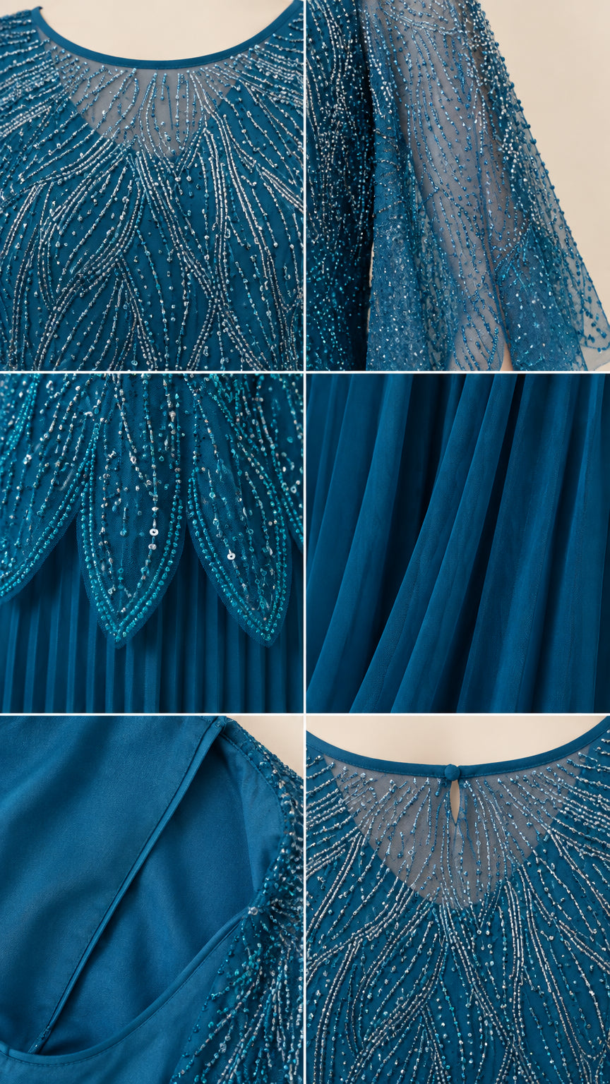 Close-up details of beaded embellishments, scalloped edge, and pleated chiffon fabric