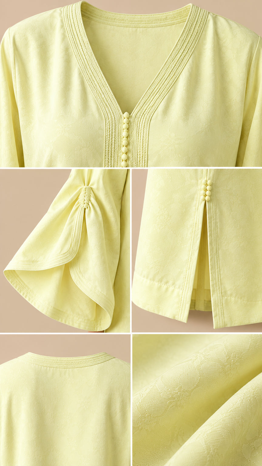 Close-up details of neckline buttons, bell sleeve gather, and hem slit on pale yellow kaftan