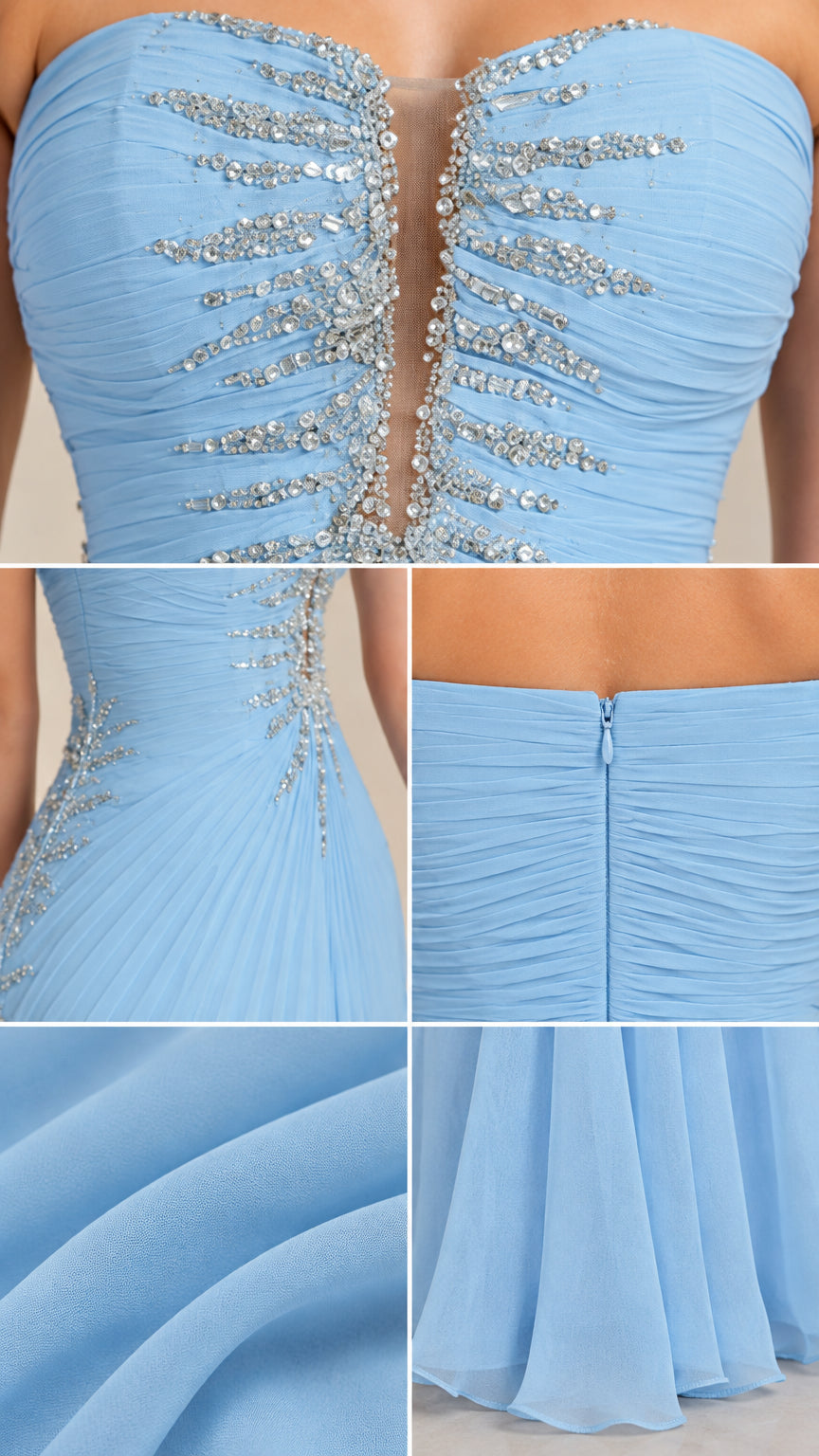 Close-up details of beaded illusion neckline, zipper, and fine chiffon pleating on blue gown