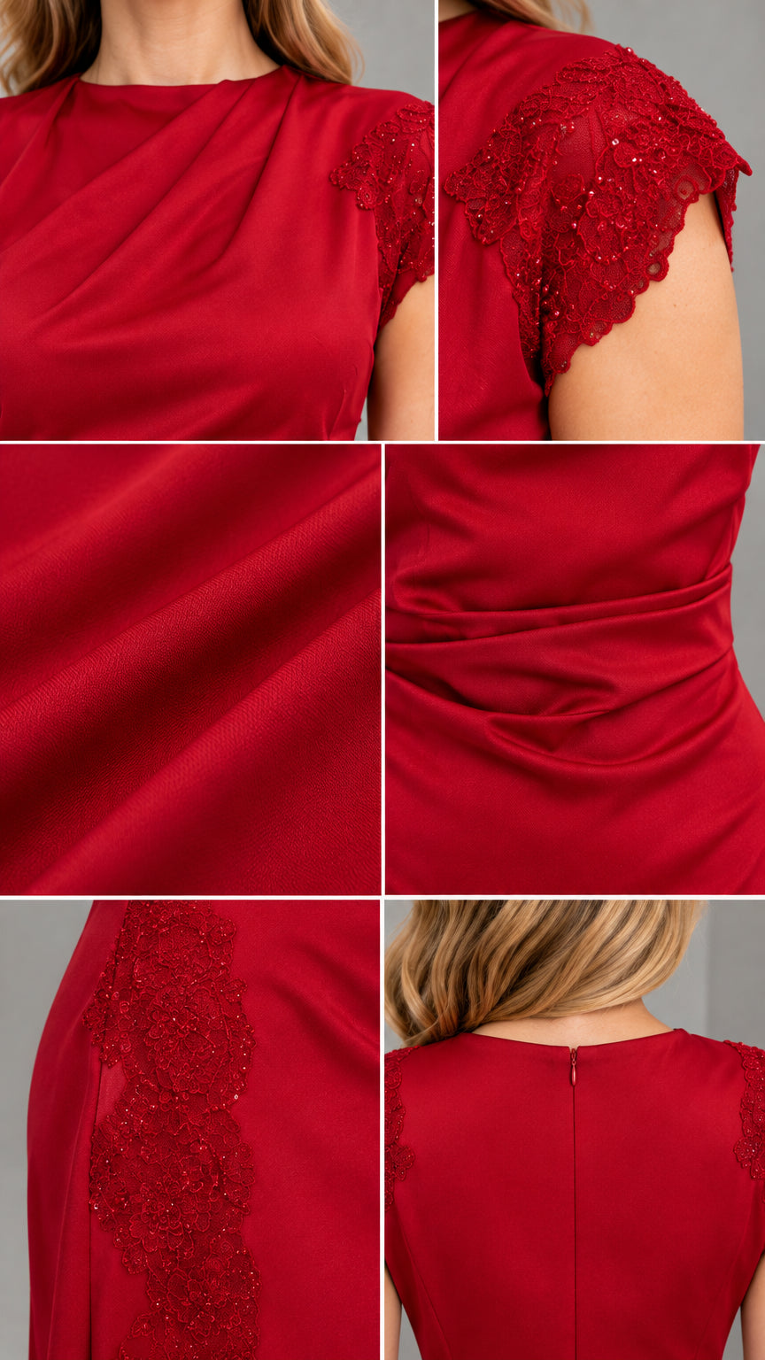 Close-up details of red dress neckline drape, beaded lace cap sleeve, and side lace trim
