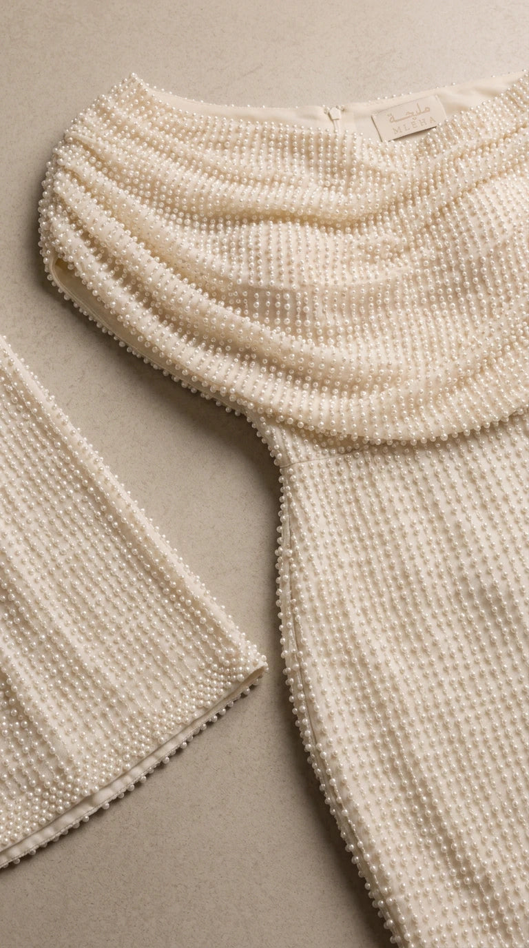 Close-up detail of textured pearl beading and asymmetric cowl neckline