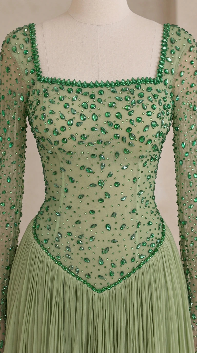 Close-up detail of green beaded square neckline and basque waist embellishments