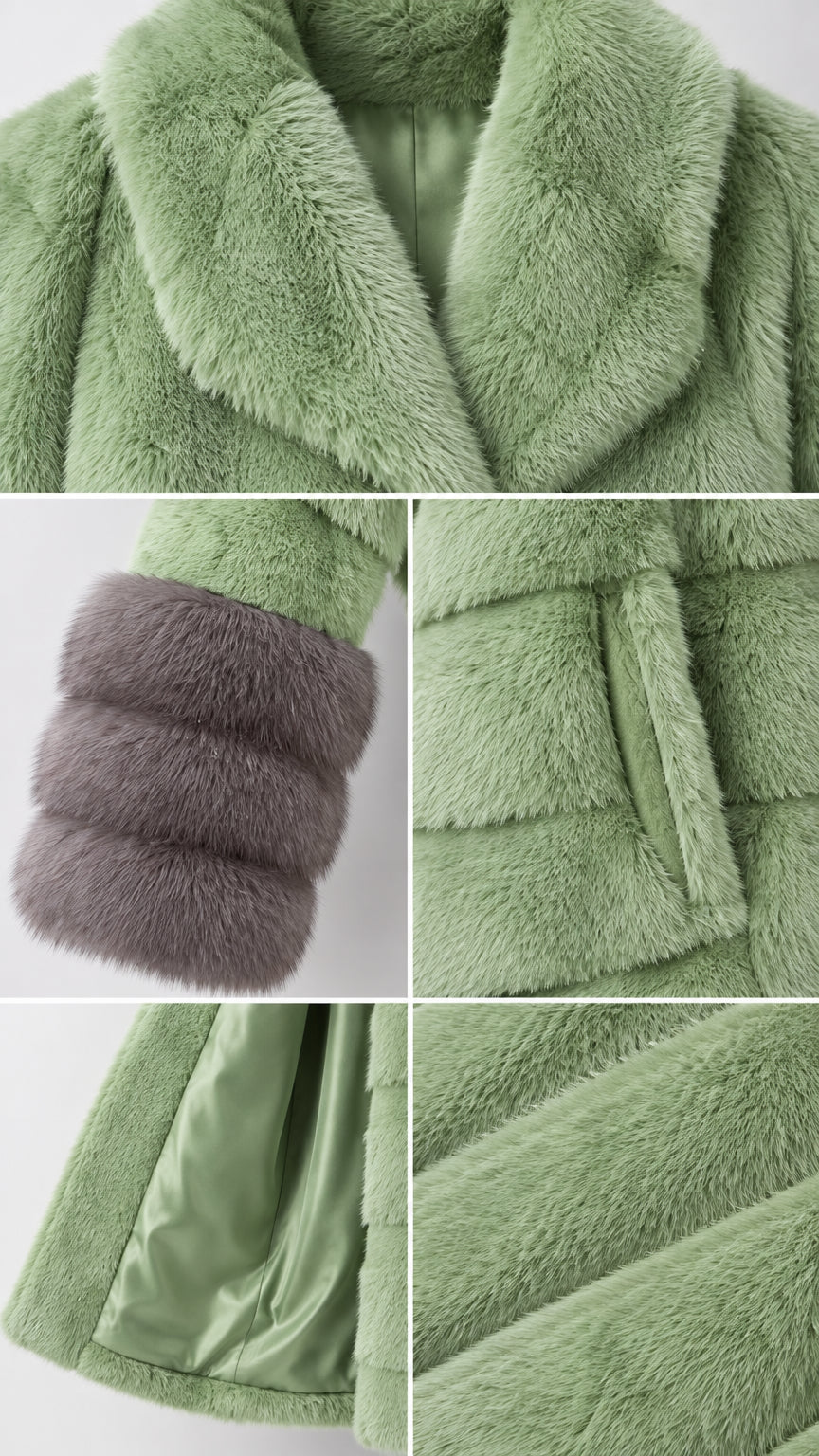 Detail view of collar, contrast cuffs, pocket, and interior lining on sage green coat