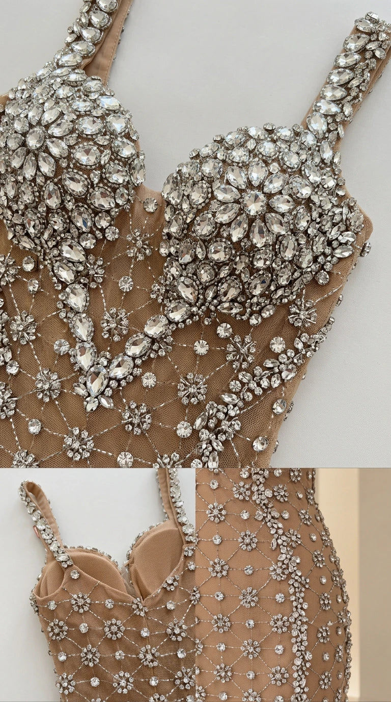 Close-up detail of rhinestone encrusted bodice and sweetheart neckline construction
