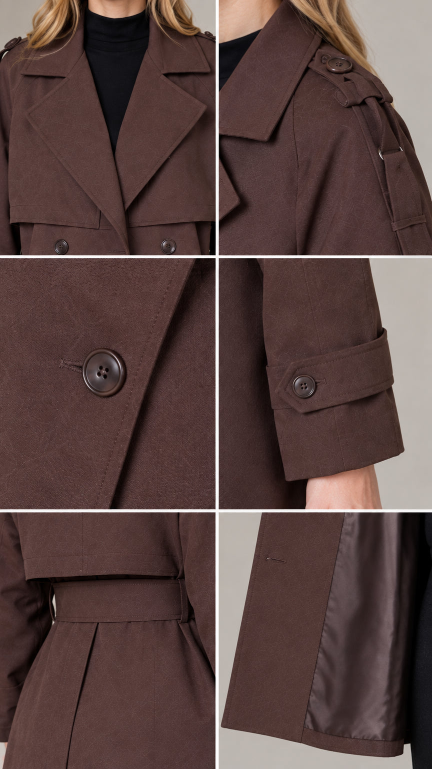 Close-up details of collar, shoulder tabs, buttons, and lining on brown trench coat