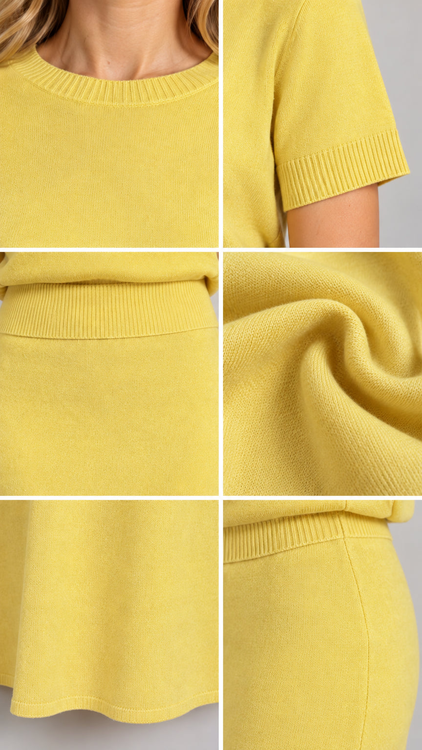 Close-up details of ribbed crewneck, cuffs, knit texture, and waistband