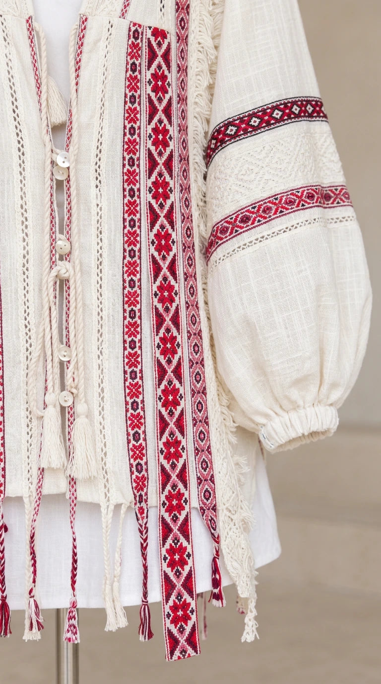 Close-up detail of geometric woven embroidery, loop closures, and fringe texture on cream cardigan