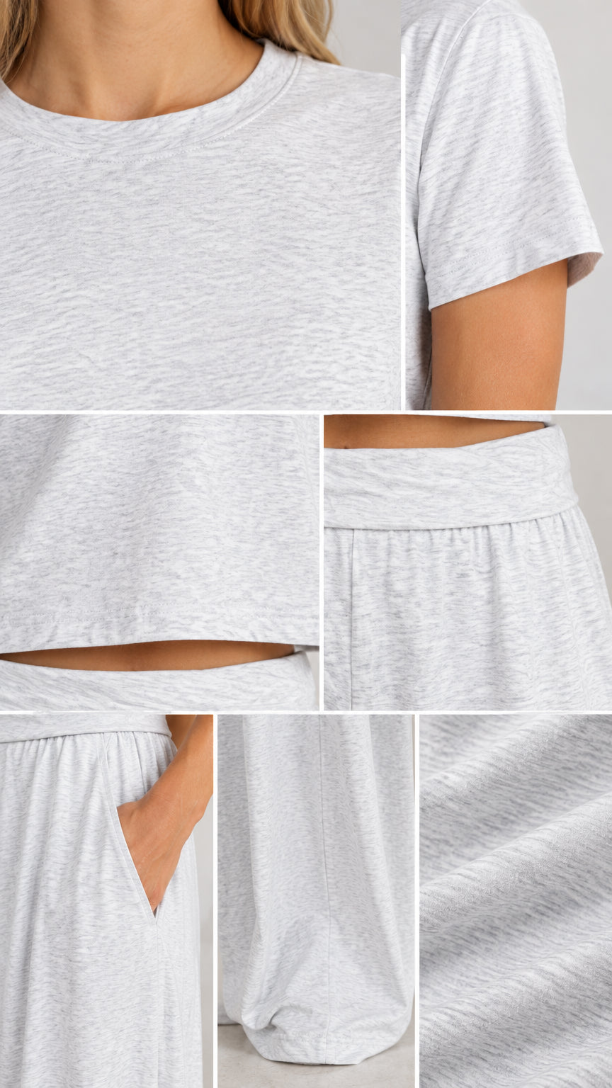 Close-up detail collage of light grey neckline, sleeve, pocket, waistband, and fabric texture