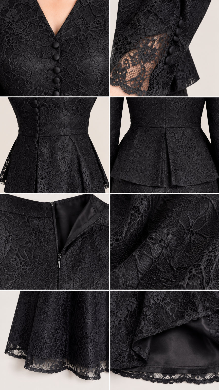 Close-up details of black lace fabric, button front, peplum waist, and concealed skirt zipper