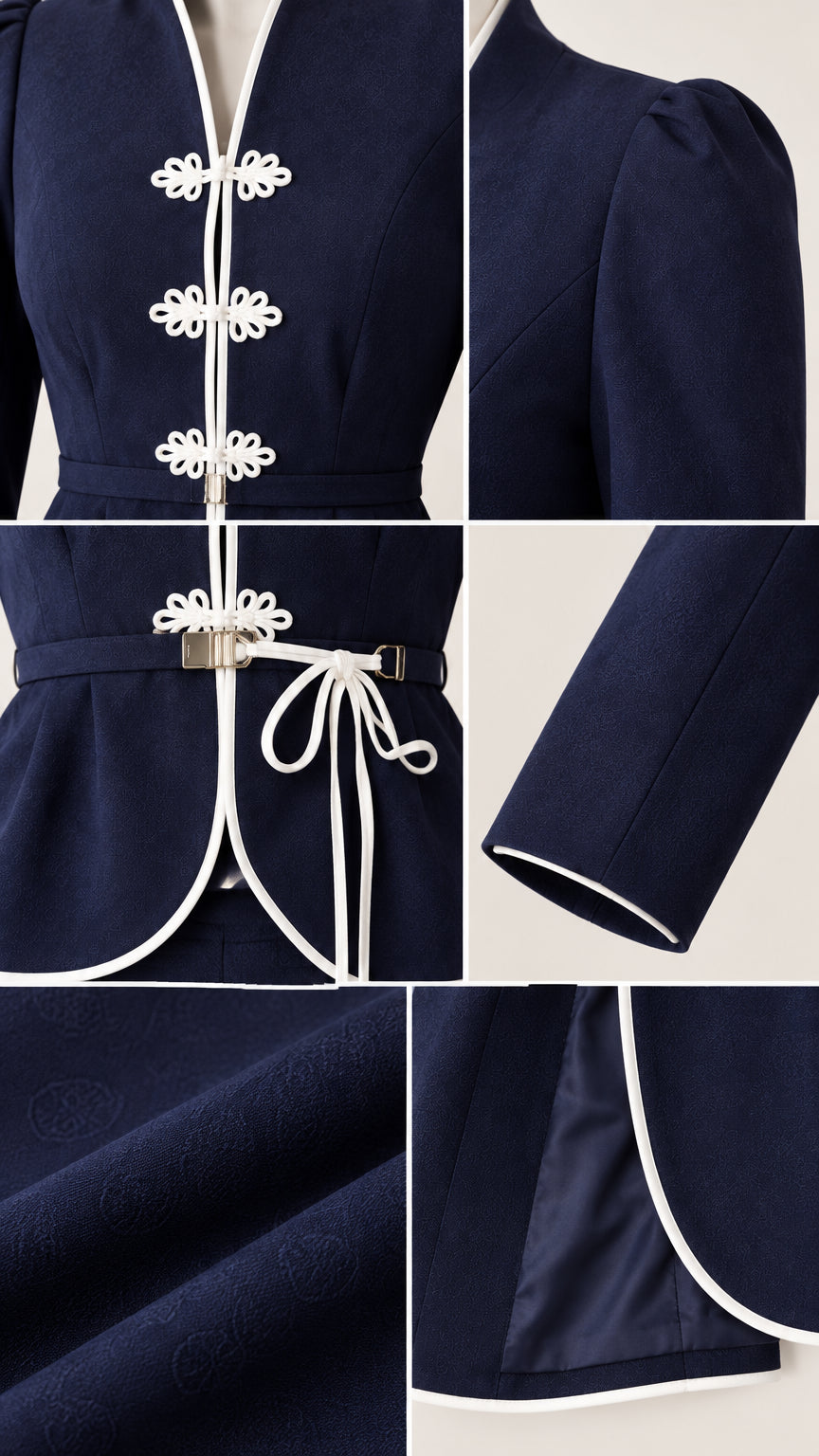Close-up details of contrast white piping, frog closures, and fabric texture on navy suit