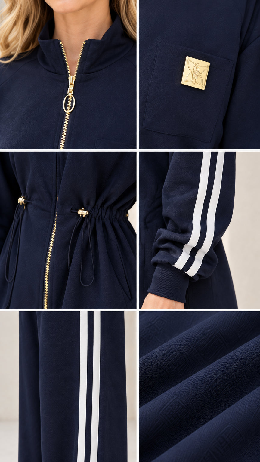 Detailed close-up of navy tracksuit zipper gold emblem drawstring and fabric texture