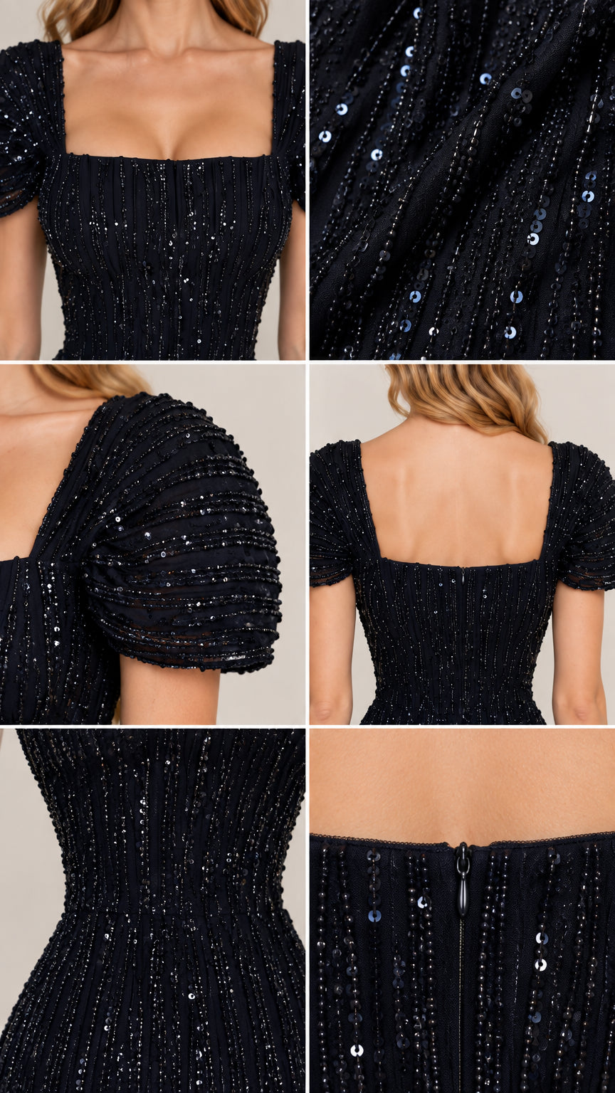 Close-up details of sequin fabric texture, puff sleeve, and zipper construction