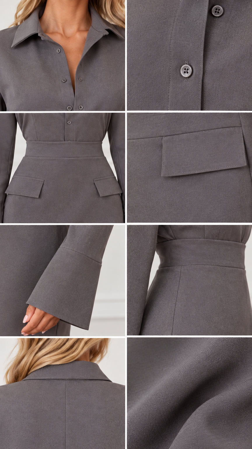 Detailed close-ups of collar, buttons, cuffs, and flap pocket construction