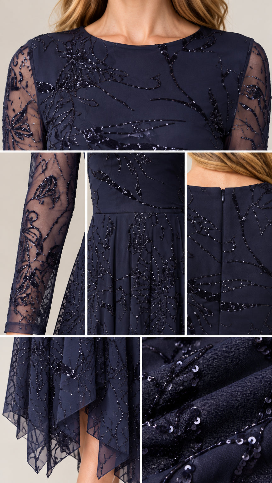 Close-up details of navy blue sequin embroidery, sheer lace sleeves, neckline, and layered hem