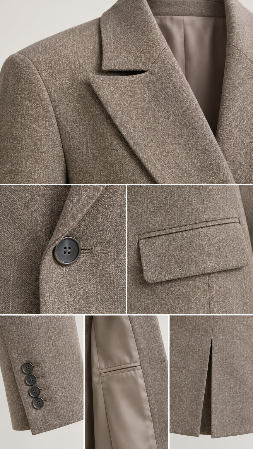 Detailed close-up collage of lapel, button closure, flap pocket, cuffs, and inner lining