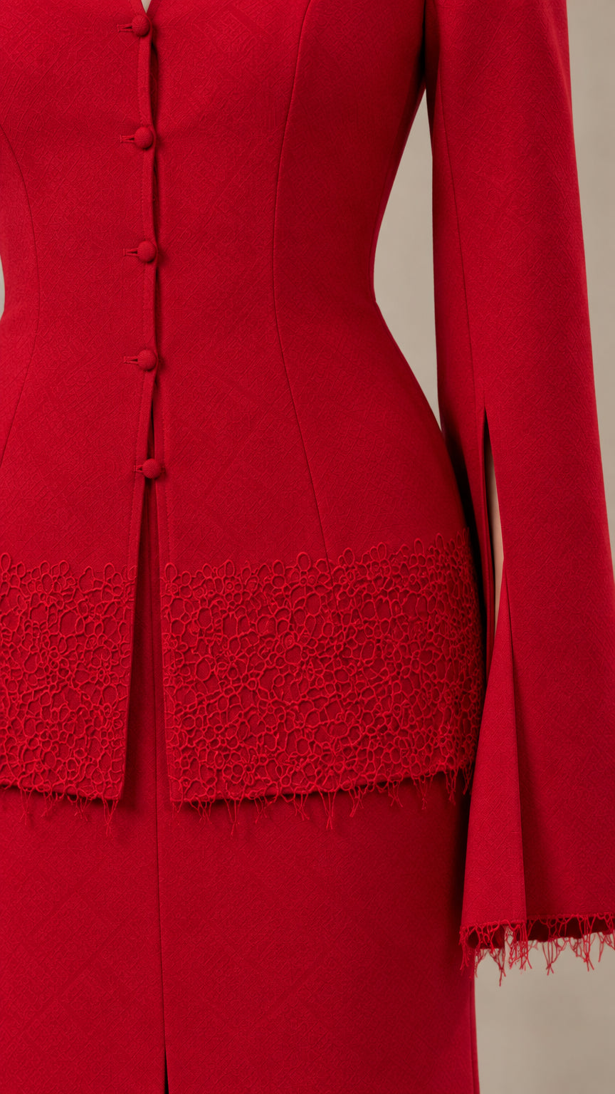 Close-up detail of the red blazer covered buttons, slit sleeve, and lace trim