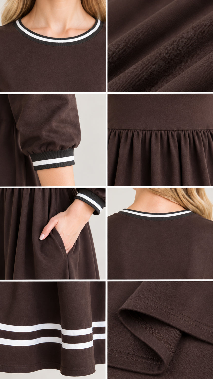 Detailed close-ups of neckline, gathered waist, pockets, and hem stripe trim