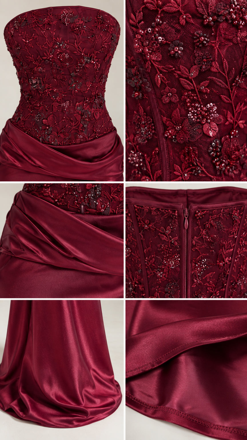 Close-up details of floral beading, sequins, draped satin waist, and zipper closure
