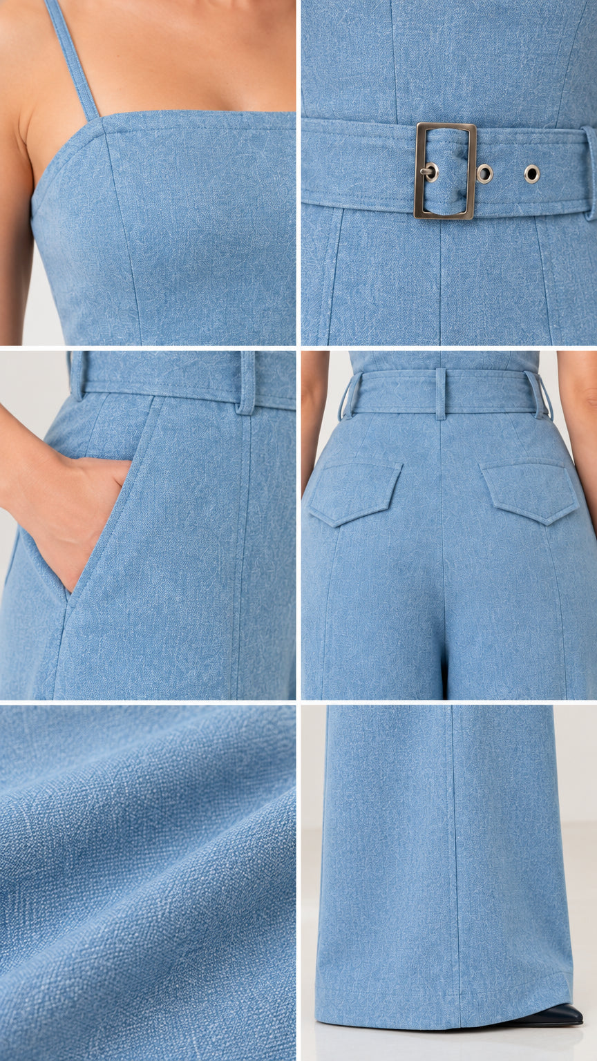 Close-up details of the fabric texture, belt buckle, side pockets, and back pockets