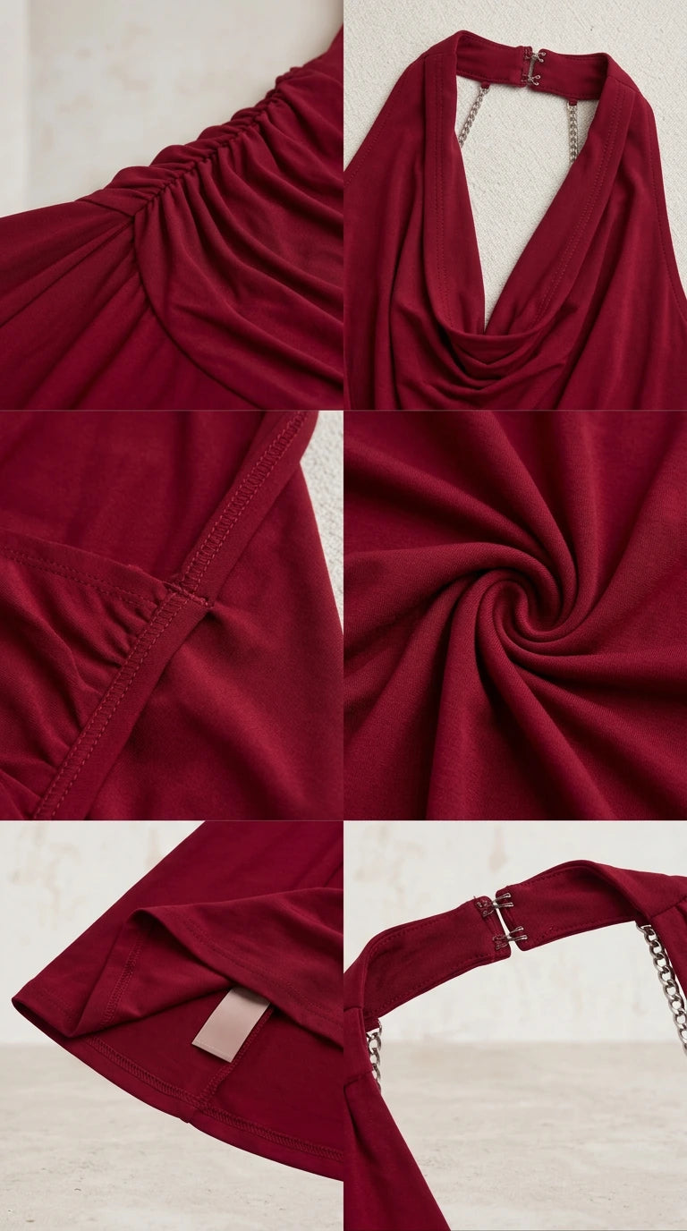 Fabric and closure construction close-up details of burgundy halter maxi dress