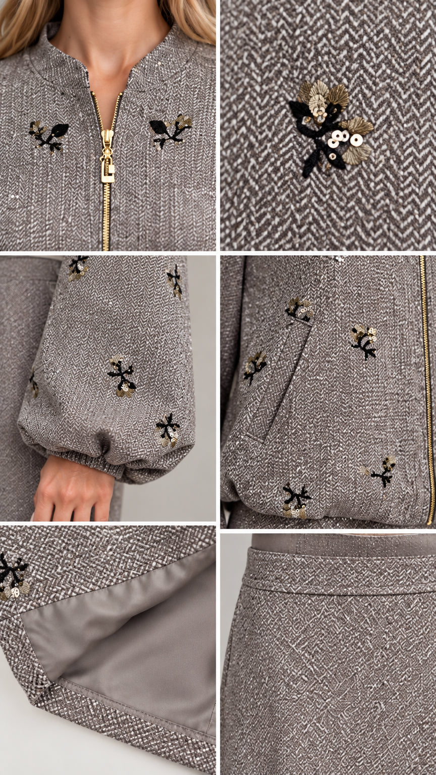 Close-up details of metallic zipper, floral beadwork, and textured fabric lining