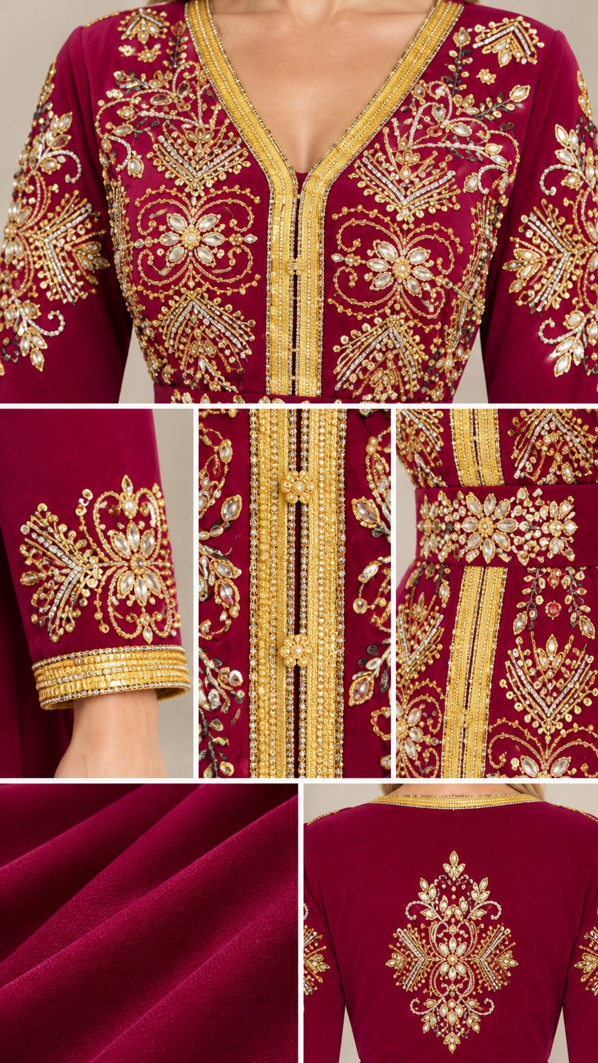 Close-up detail of gold embroidery, trim, and soft velvet fabric on kaftan dress