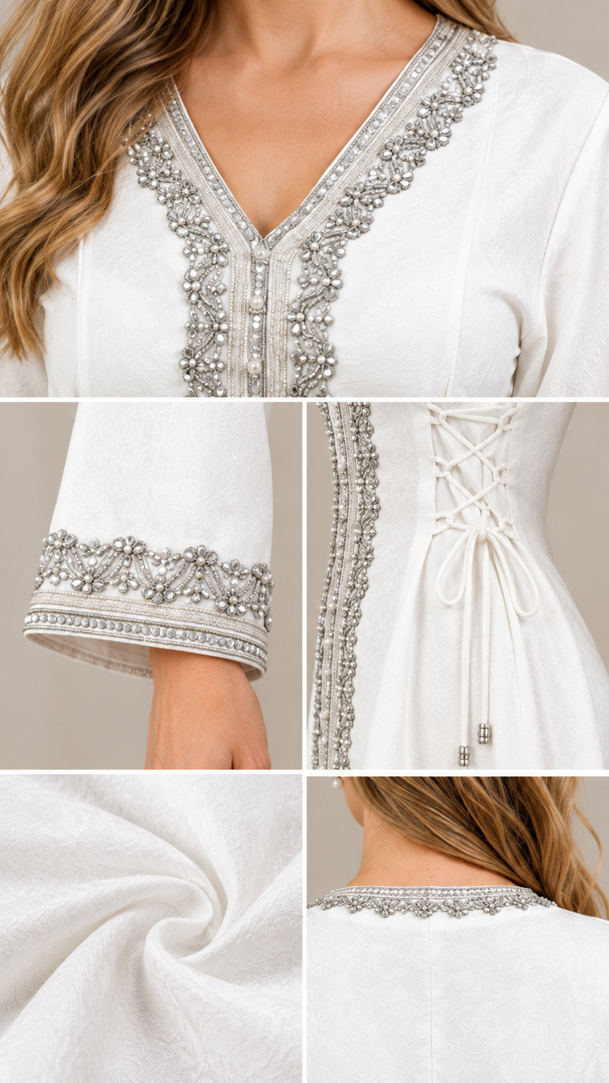 Close-up details of metallic silver embroidery, sleeve cuffs, fabric texture, and lace-up ties