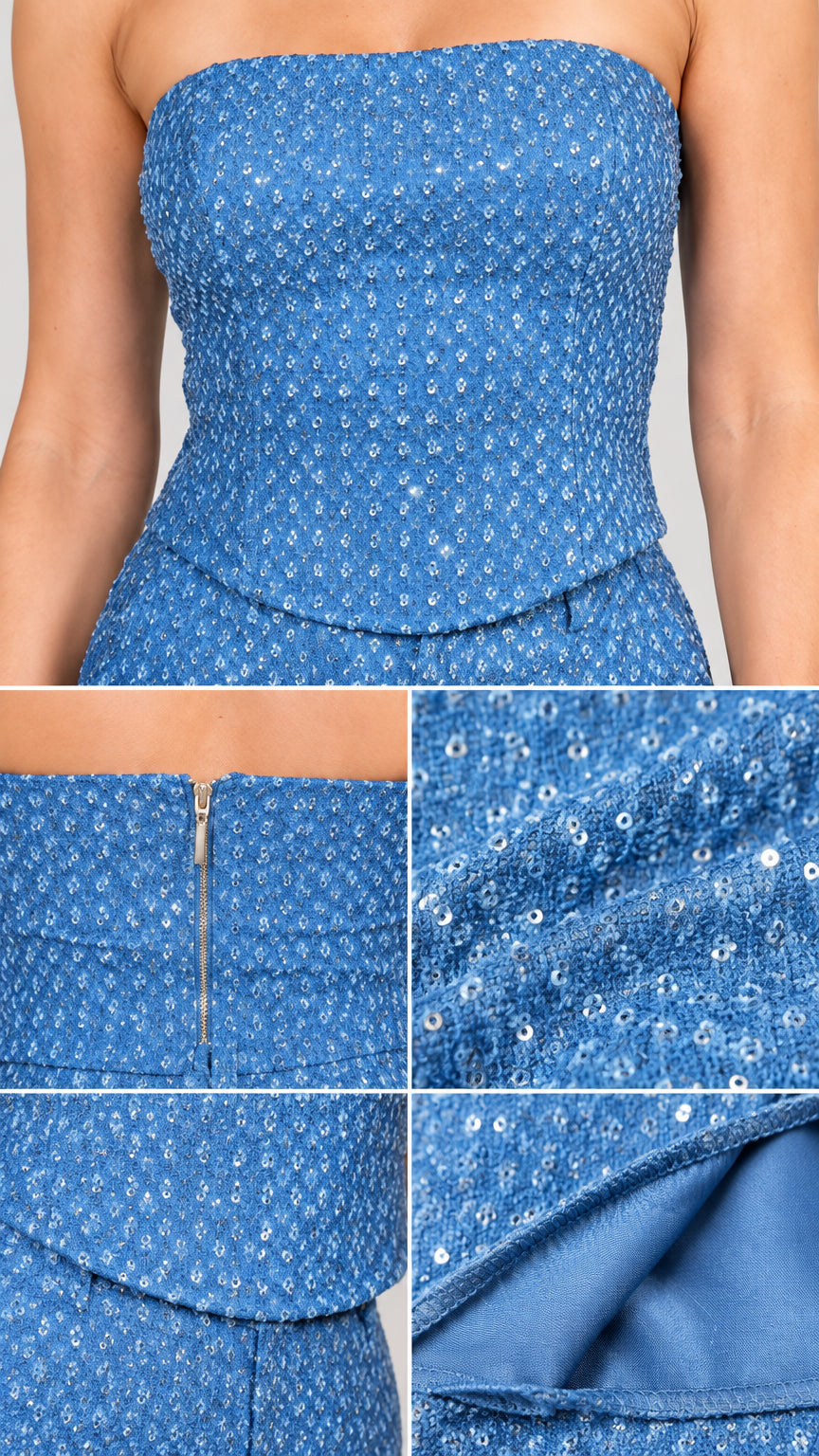 Detailed close-up of blue sequin fabric texture, back zipper, hemline, and soft interior lining
