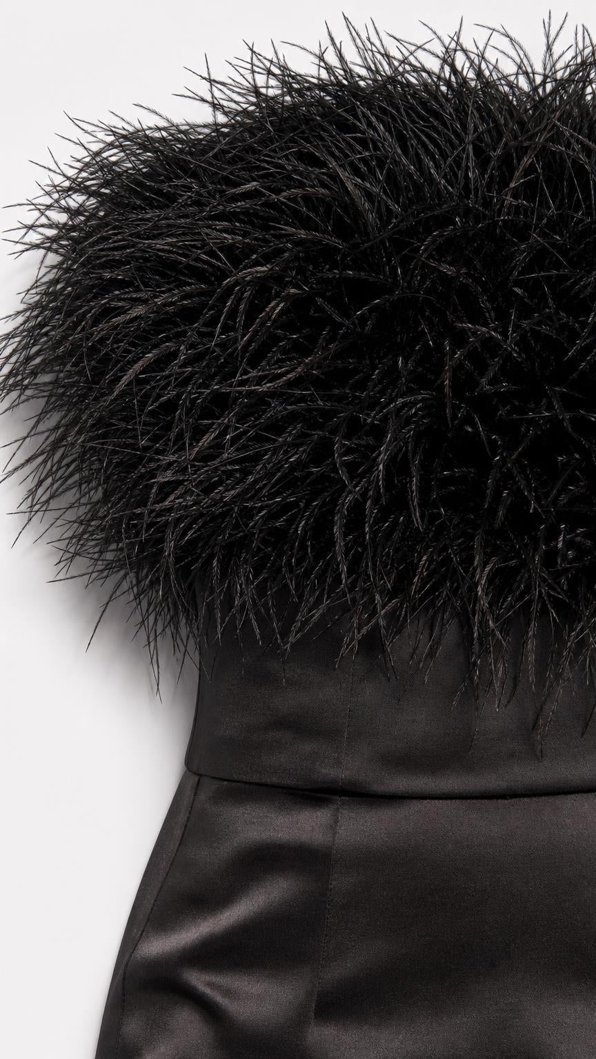 Close-up detail of black feather bodice and satin fabric
