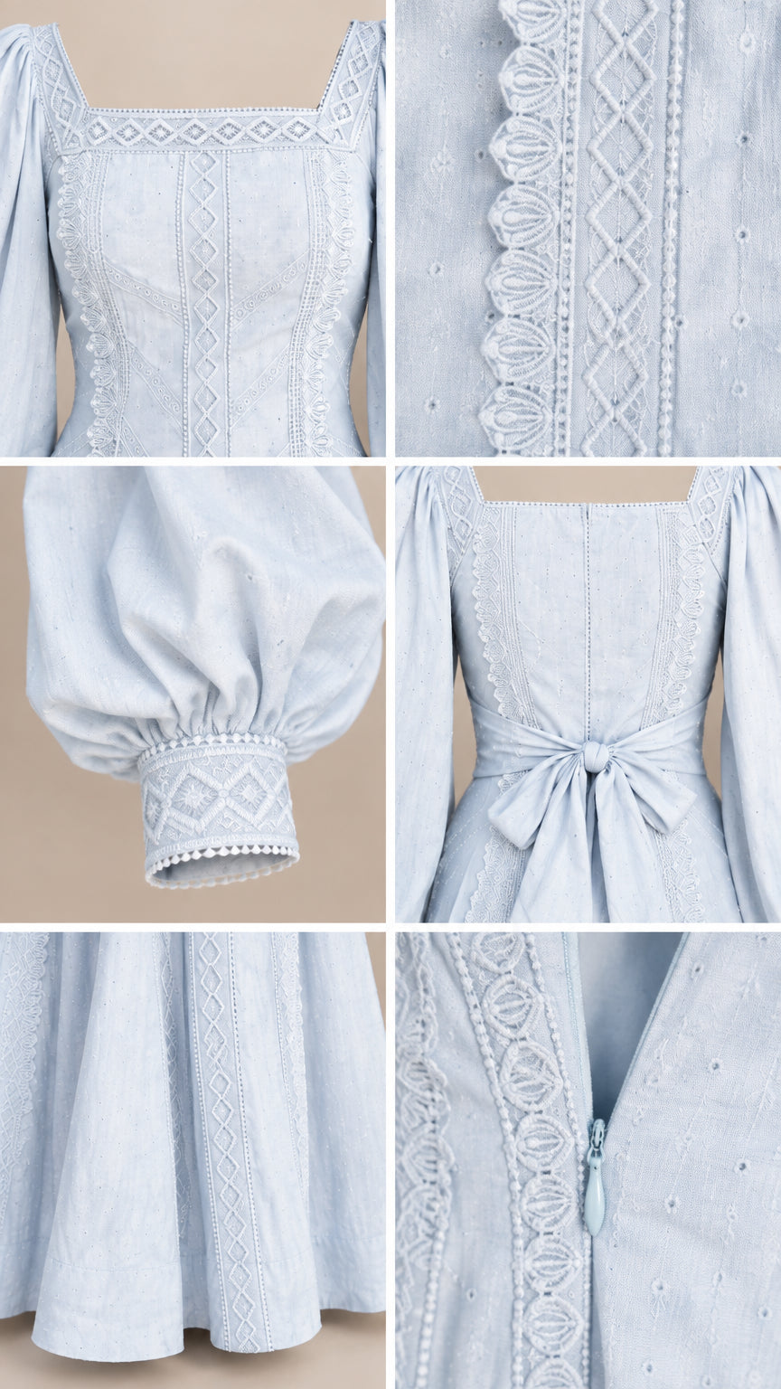 Close-up details of the neckline embroidery, lantern sleeve cuffs, back tie, and zipper