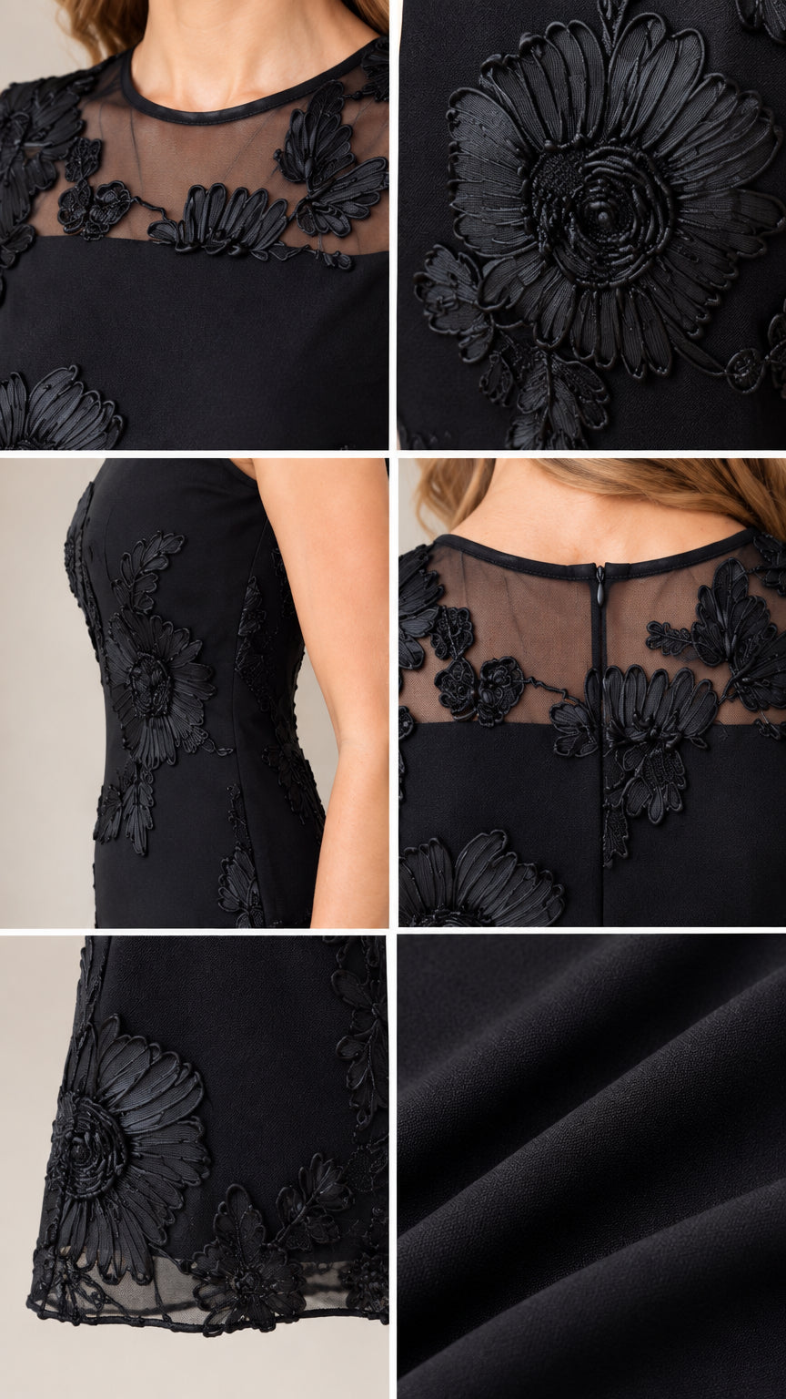 Close-up details of illusion mesh neckline, 3D floral appliqué, and fabric texture